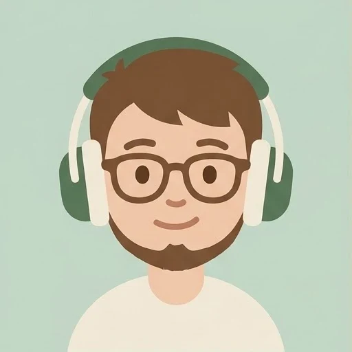Illustration of Bryan’s avatar, Yahujiki: a smiling man with glasses, a short beard and green field-recording headphones