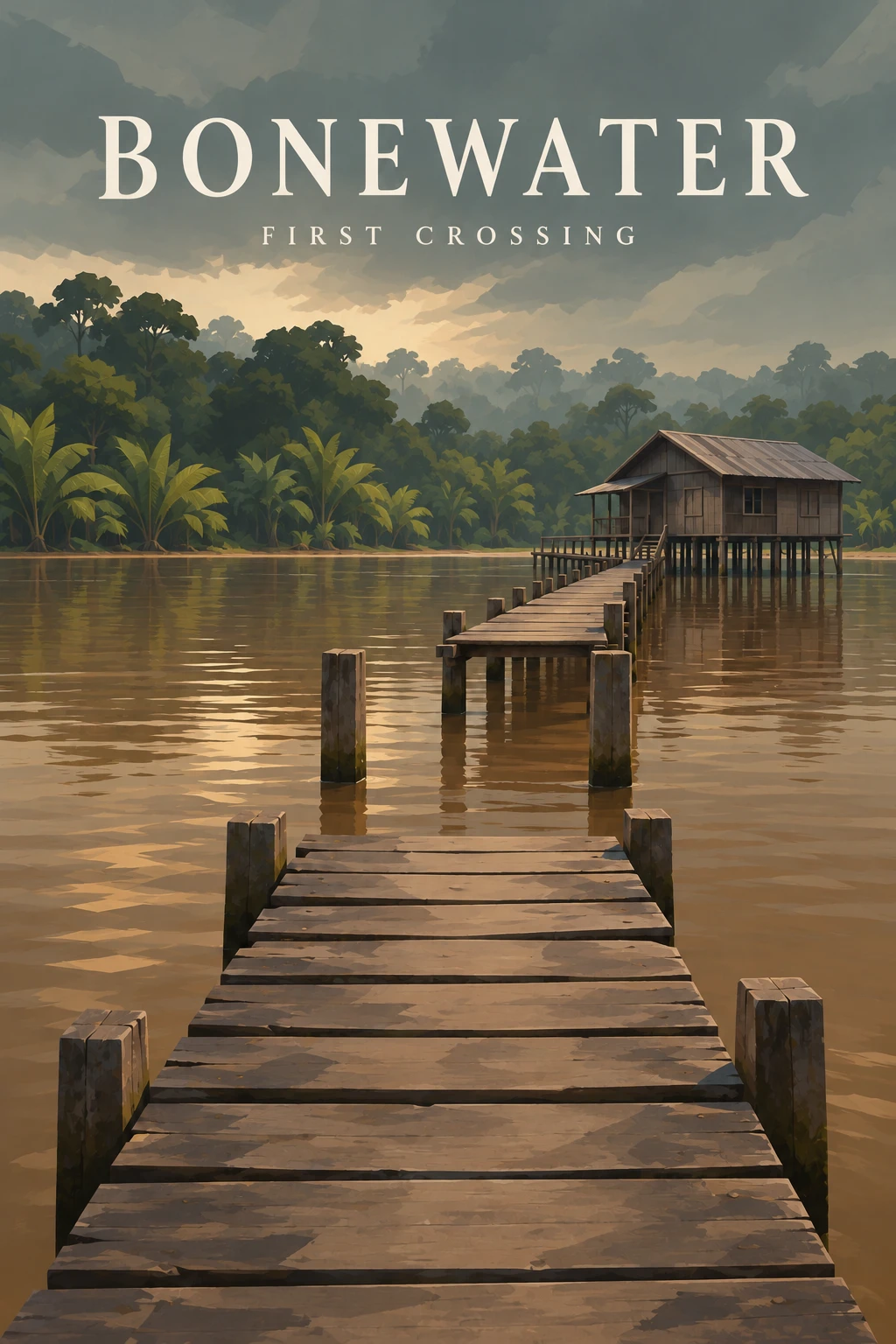 AI-generated concept poster: a weathered timber jetty over brown river water leading to a raised wooden house, with jungle behind and an overcast sky. The title reads BONEWATER, First Crossing. Not gameplay.